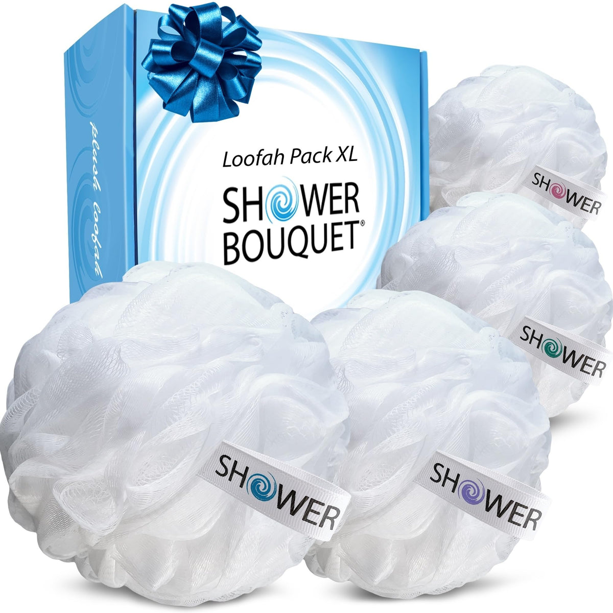 Shower Bouquet Loofah 4-Pack with bright white and colour-coded ribbons