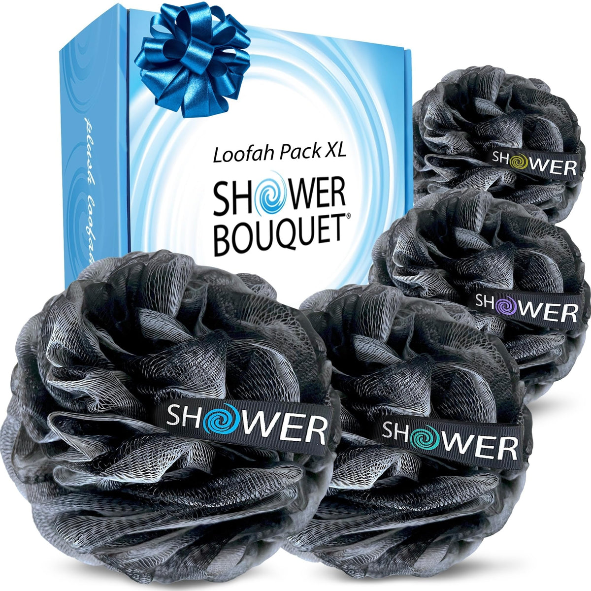 Shower Bouquet Loofah Charcoal Bath Sponge 4-Pack front view