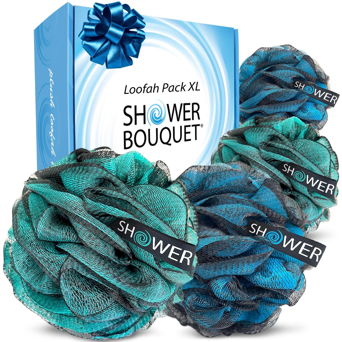 Shower Bouquet Loofah Charcoal Bath Sponge XL 4-Pack front view with blue and green colours