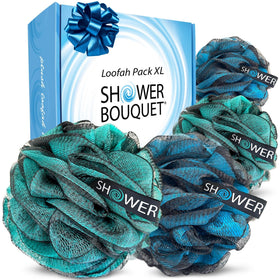 Shower Bouquet Loofah Charcoal Bath Sponge XL 4-Pack front view with blue and green colours