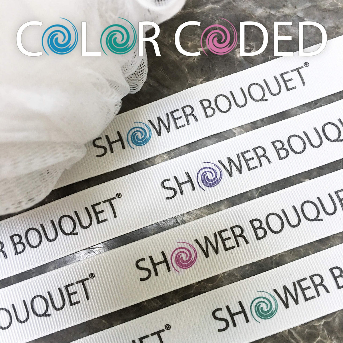 Shower Bouquet loofahs arranged in a gift set for Valentine's Day