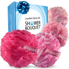 Shower Bouquet Pink Loofah Bath Sponge XL 4-Pack front view
