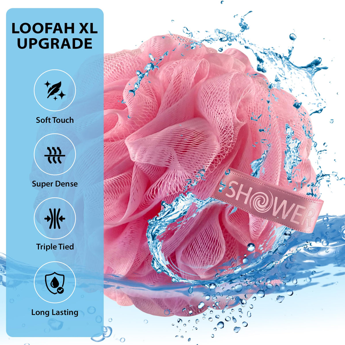Shower Bouquet Pink Loofah Bath Sponge XL with long ribbon handle