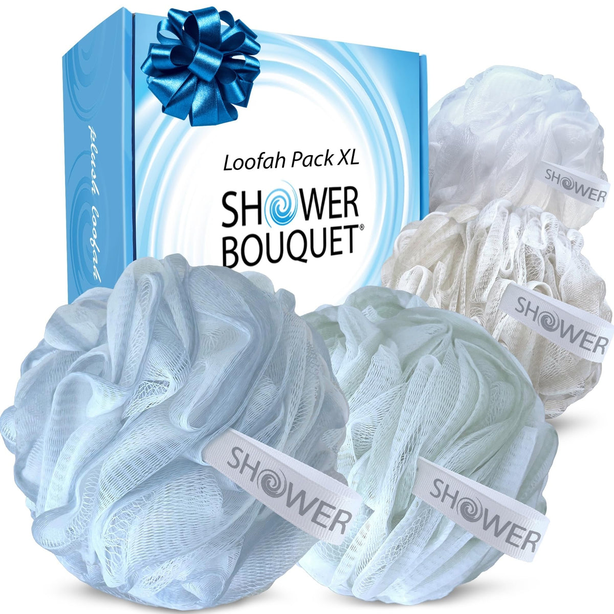 Shower Bouquet XL Loofah Bath-Sponge 4-Pack in pastel colours