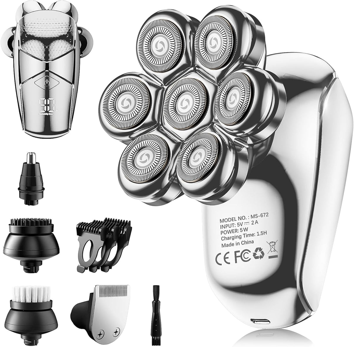 SHPAVVER 5-in-1 Electric Head Shaver front view in white silver