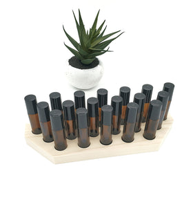 Side view of 18 hole roller ball bottle display with 10 ml bottle slots
