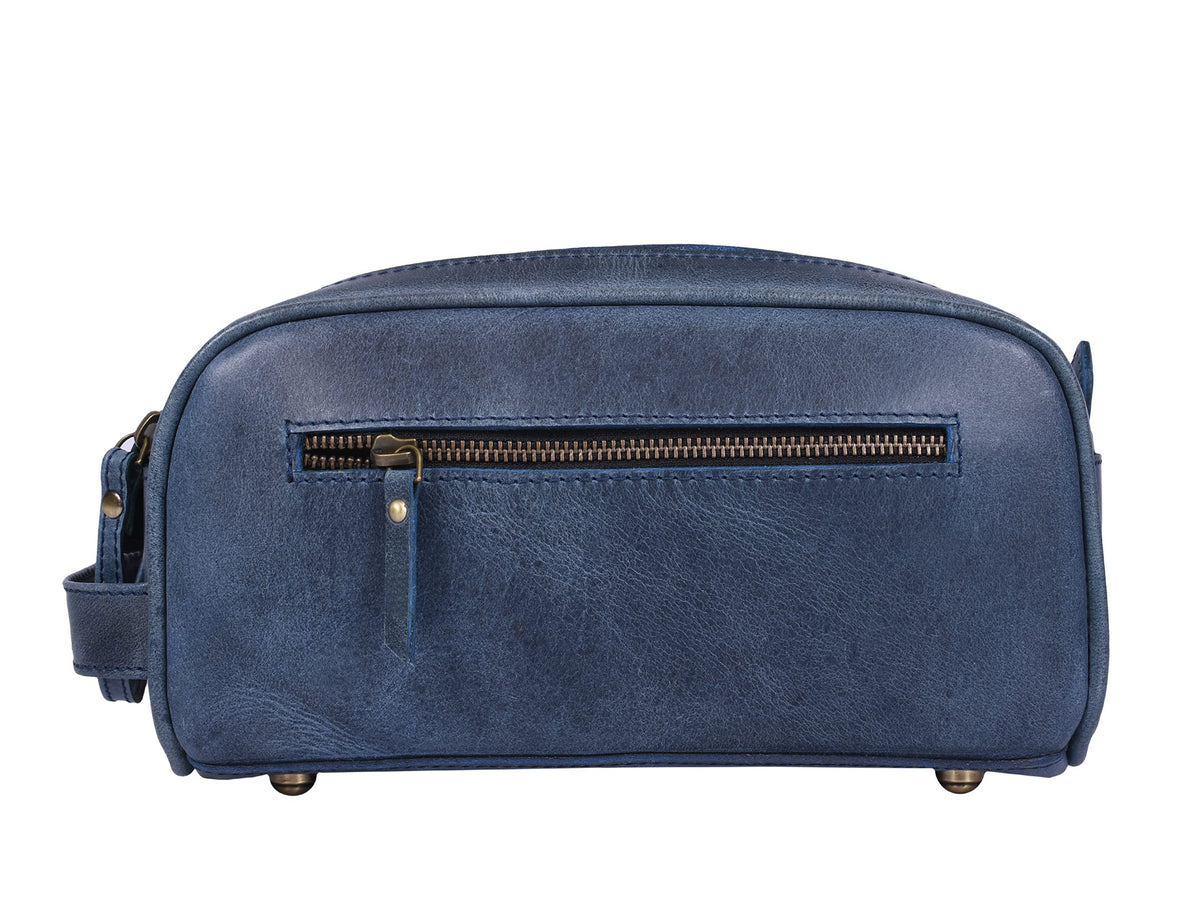 Side view of AARON LEATHER GOODS 10" Vintage Leather Toiletry Bag with leather strap