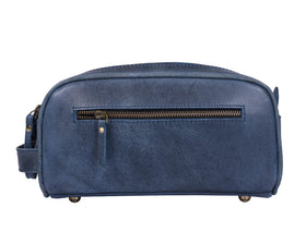 Side view of AARON LEATHER GOODS 10" Vintage Leather Toiletry Bag with leather strap