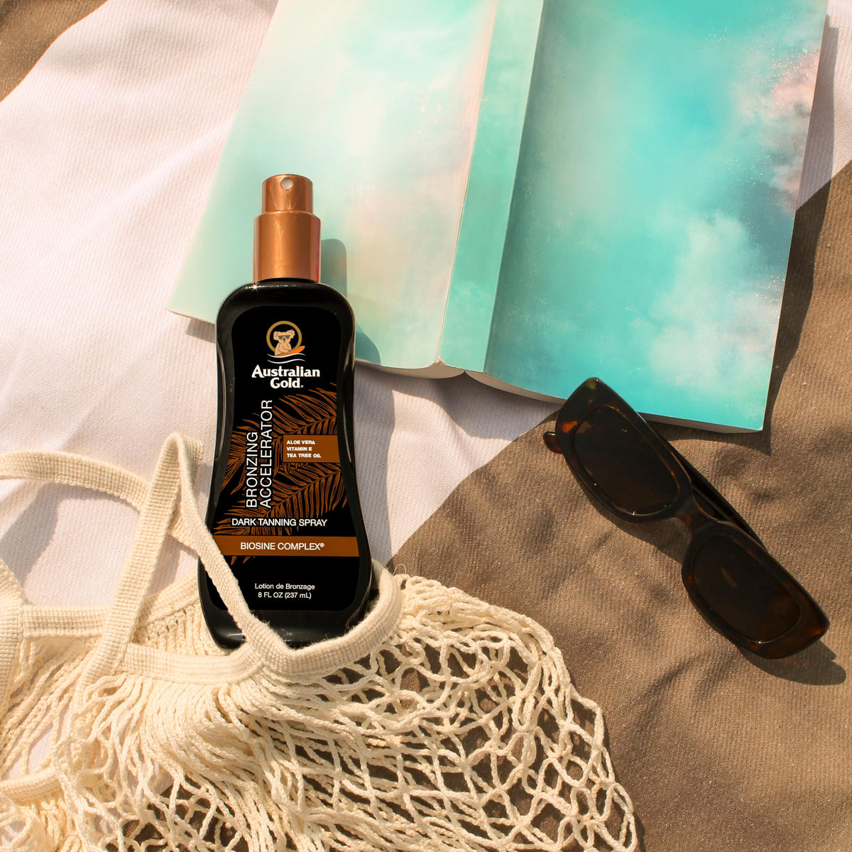 Side view of Australian Gold Dark Tanning Accelerator Spray Gel