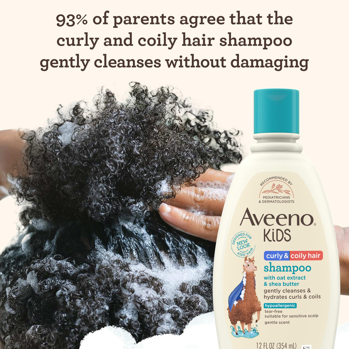 Side view of Aveeno Baby Kids Curly & Coily Hair Shampoo 12 fl oz