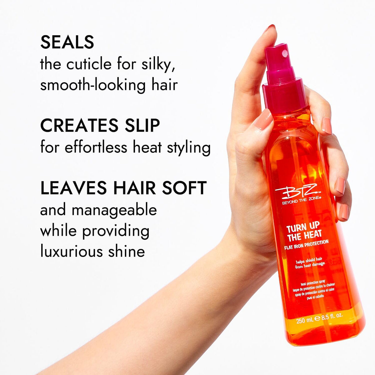 Side view of Beyond the Zone Turn Up The Heat Protection Spray bottle