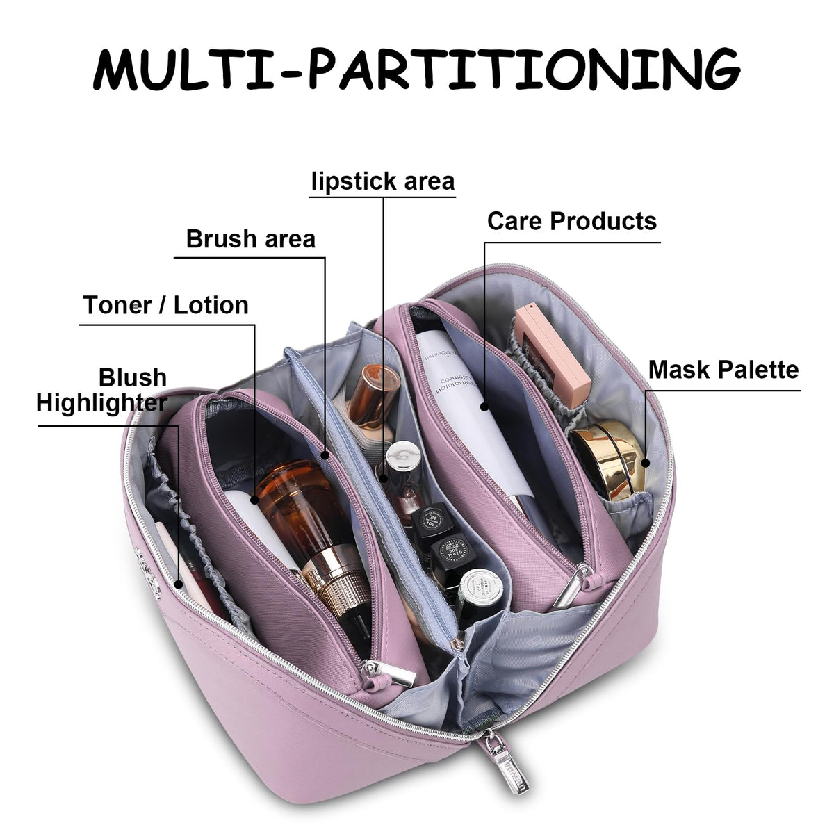 Side view of BOYATU Travel Makeup Bag with zipper opened