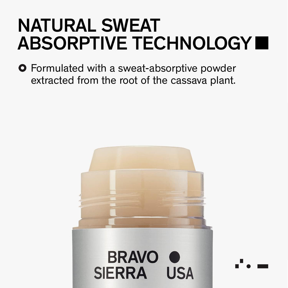 Side view of Bravo Sierra deodorant stick with ingredients list