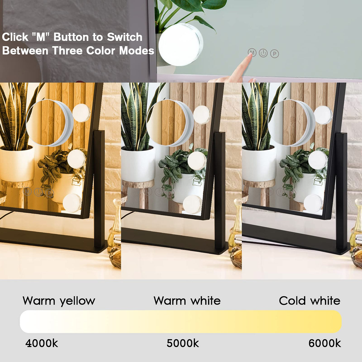 Side view of BWLLNI Vanity Mirror showing 360-degree rotation