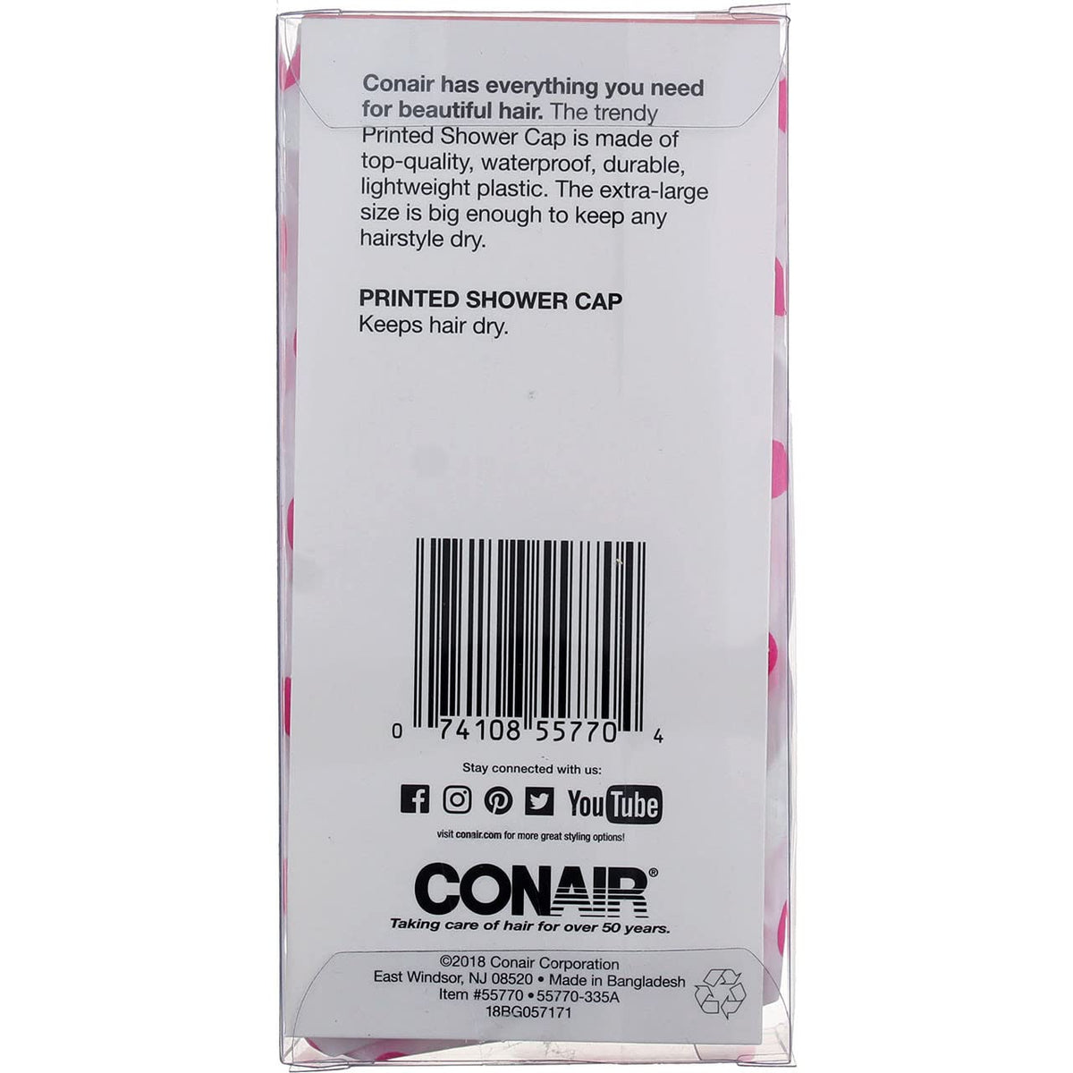 Side view of Conair Printed XL Shower Cap with elastic band