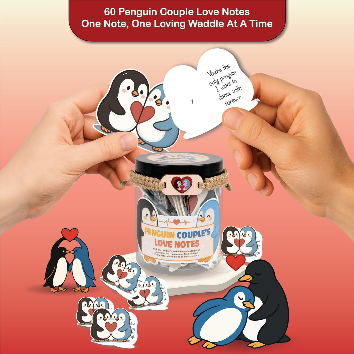 Side view of DEARMINE Penguin Couple's Love Notes Jar showcasing its sturdy design