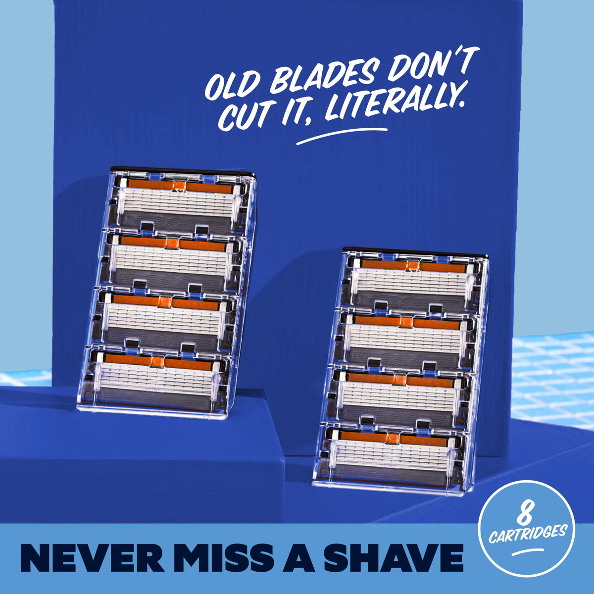 Side view of Dollar Shave Club razor blades in packaging