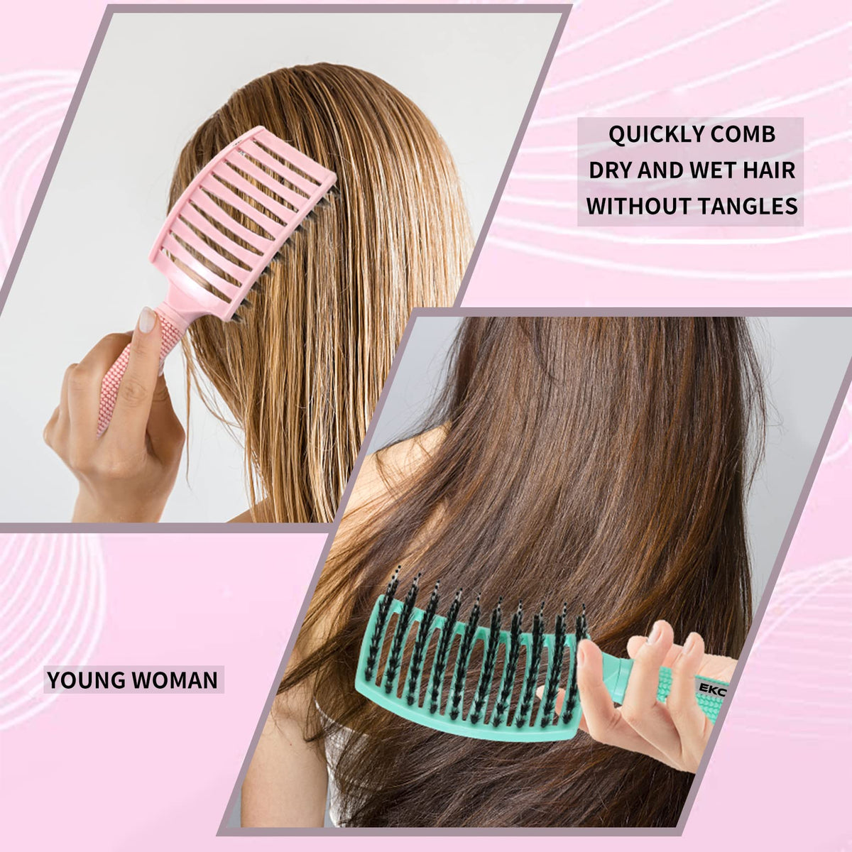 Side view of EKONAER vented detangler brush with curved design
