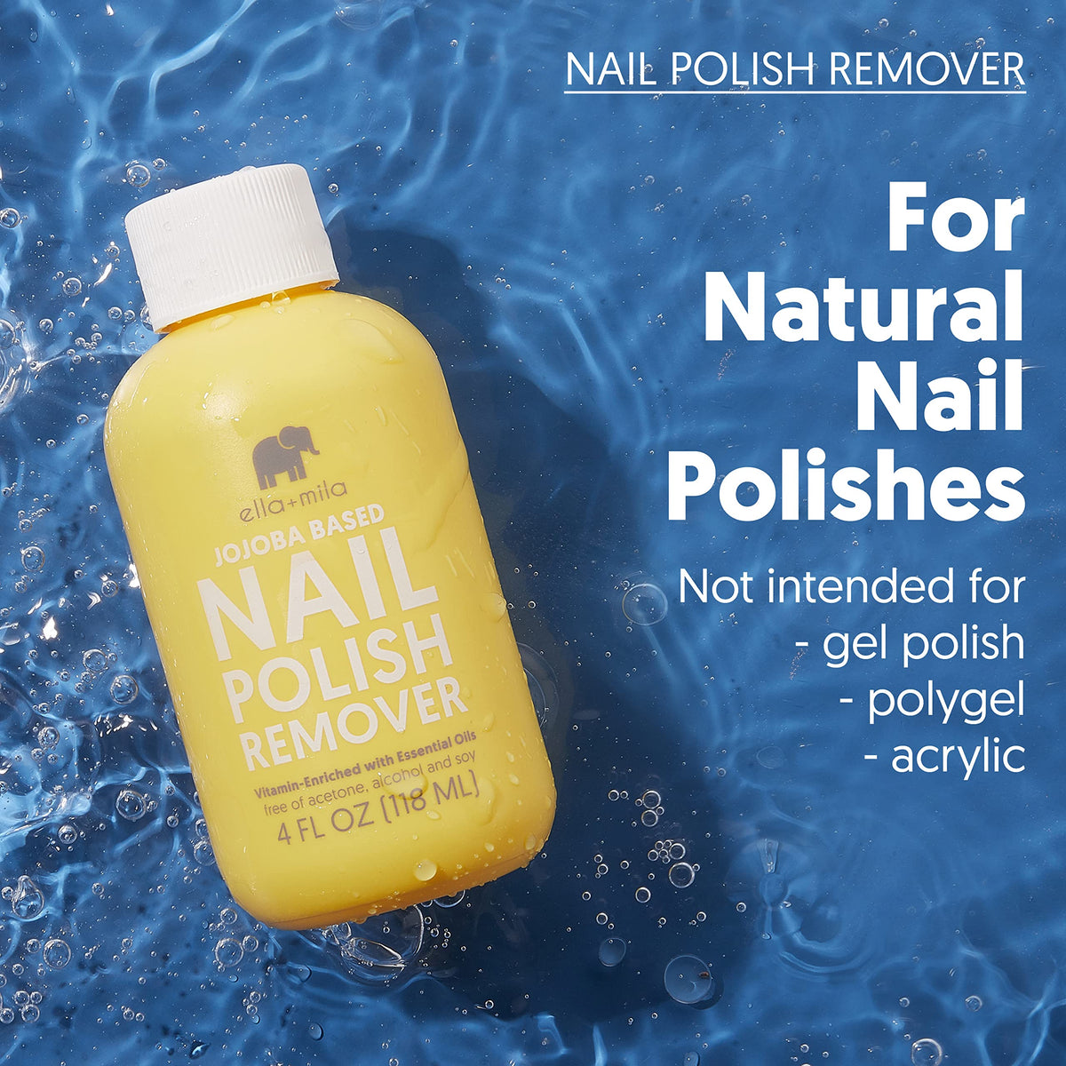 Side view of ella+mila Jojoba Nail Polish Remover bottle