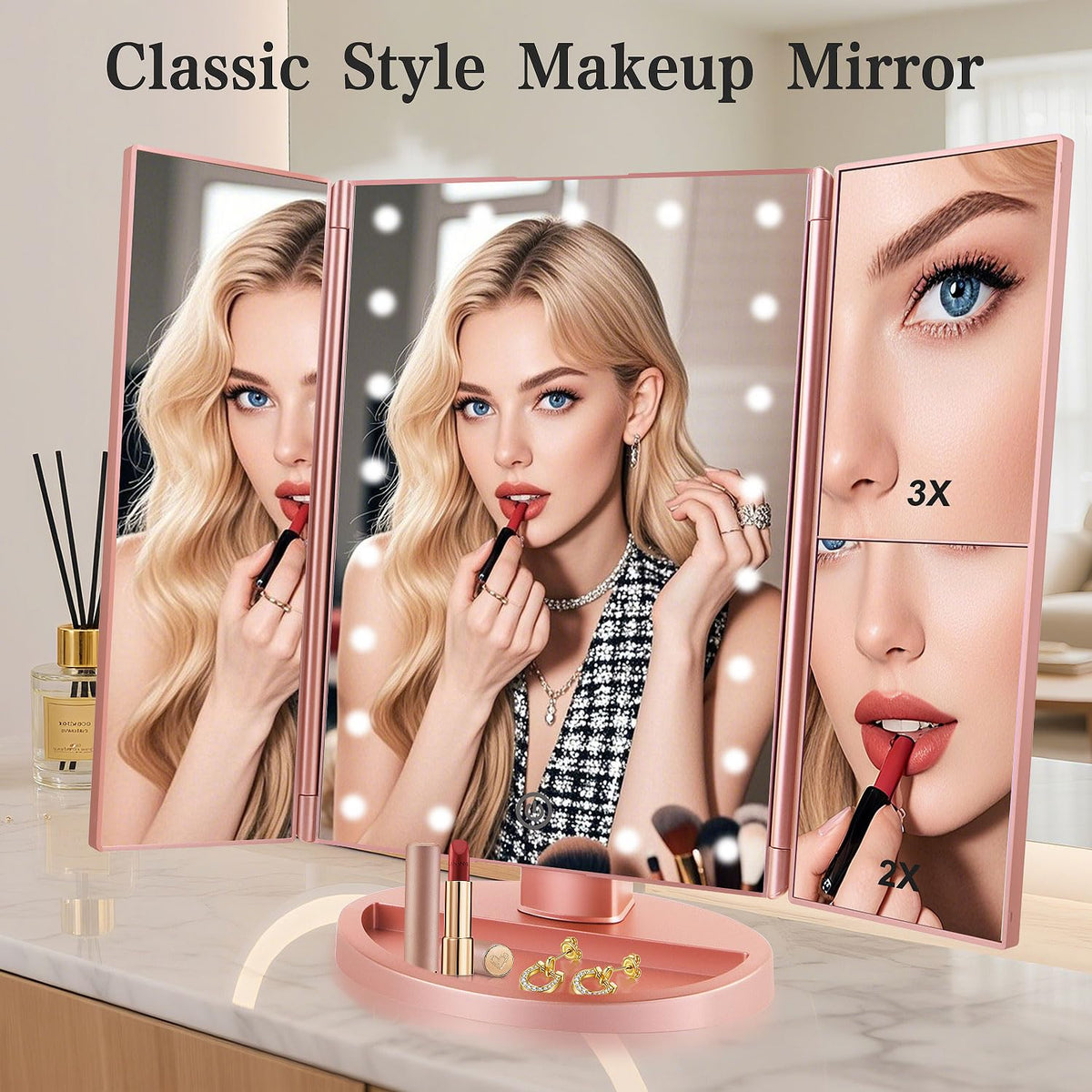 Side view of Flymiro Tri-fold Lighted Vanity Mirror in champagne rose gold
