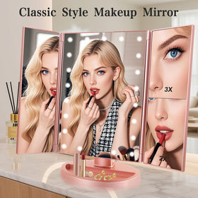 Side view of Flymiro Tri-fold Lighted Vanity Mirror in champagne rose gold