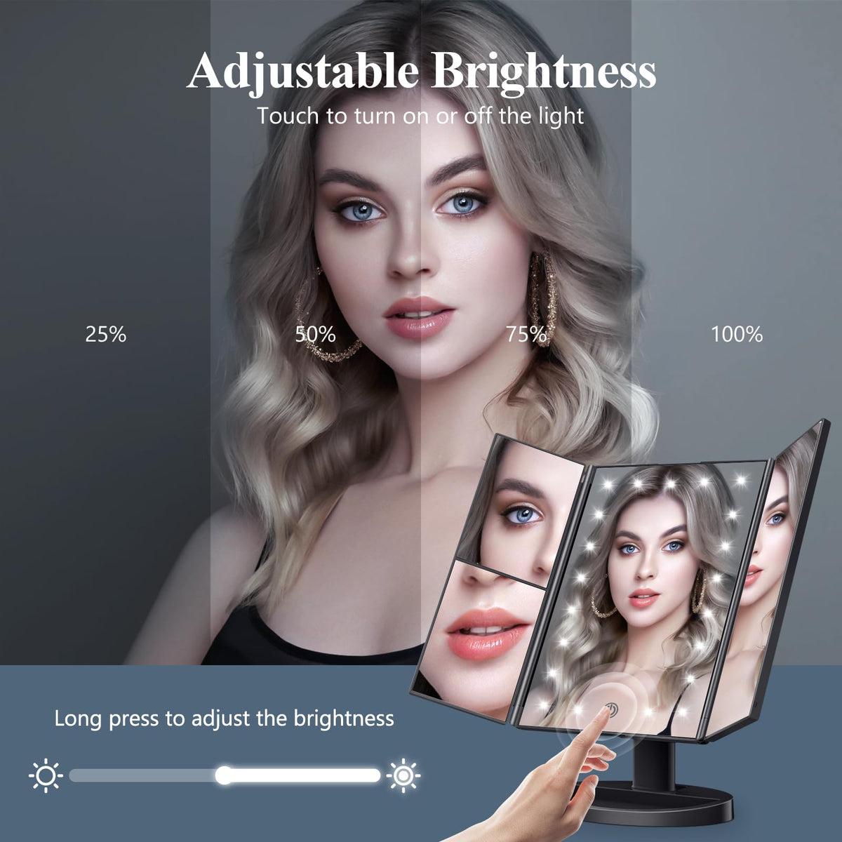 Side view of HUONUL Trifold Makeup Mirror with light on