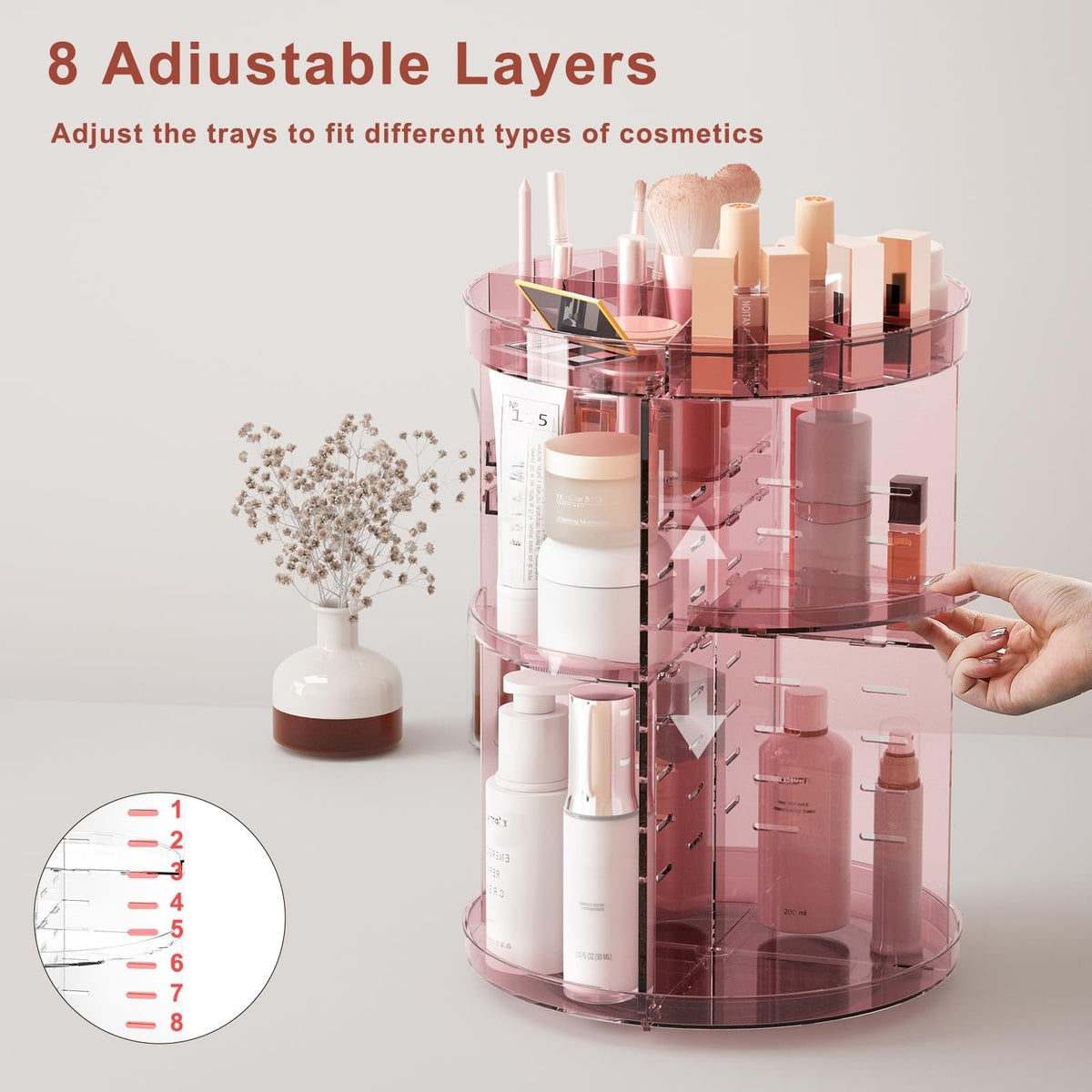Side view of Jiavarry 360 Rotating Makeup Organizer with brushes
