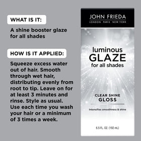 Side view of John Frieda Luminous Glaze Clear Shine Hair Gloss bottle