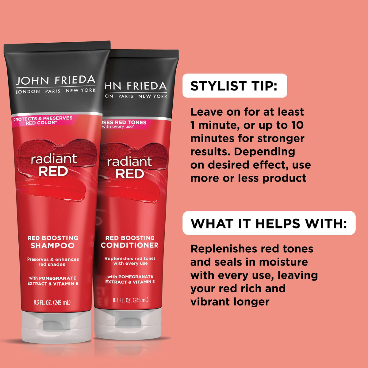Side view of John Frieda Radiant Red support Shampoo 8.3 Oz