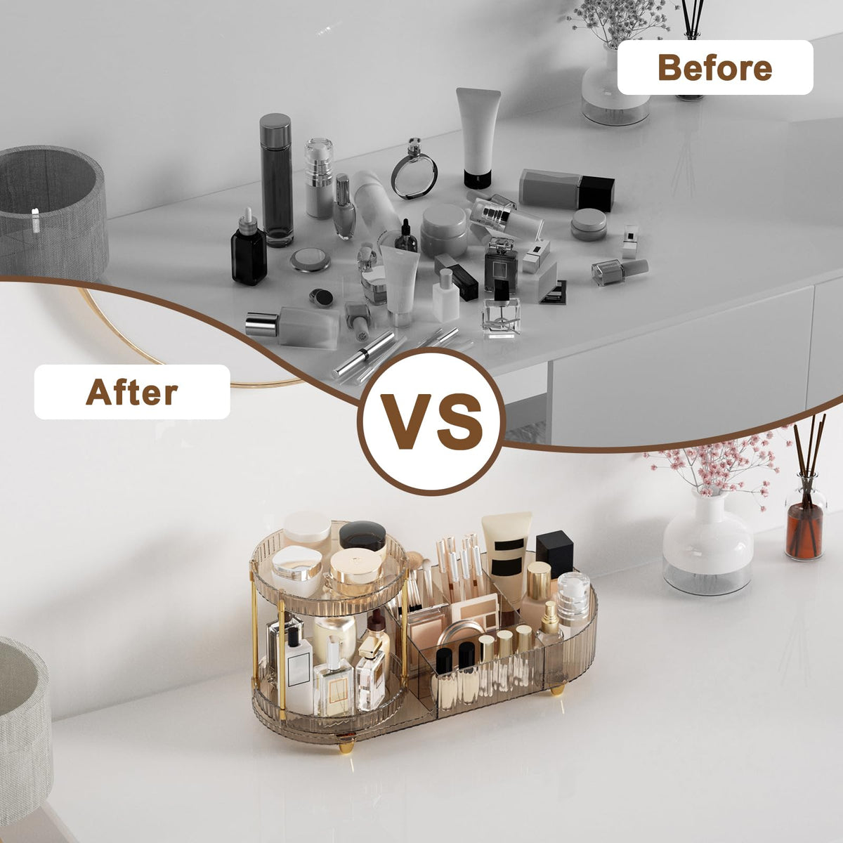 Side view of Jywantful Makeup Organizer on a vanity