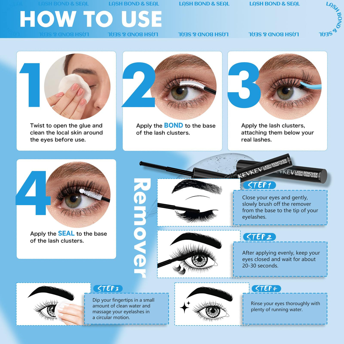 Side view of KevKev eyelash glue bottle showing product details
