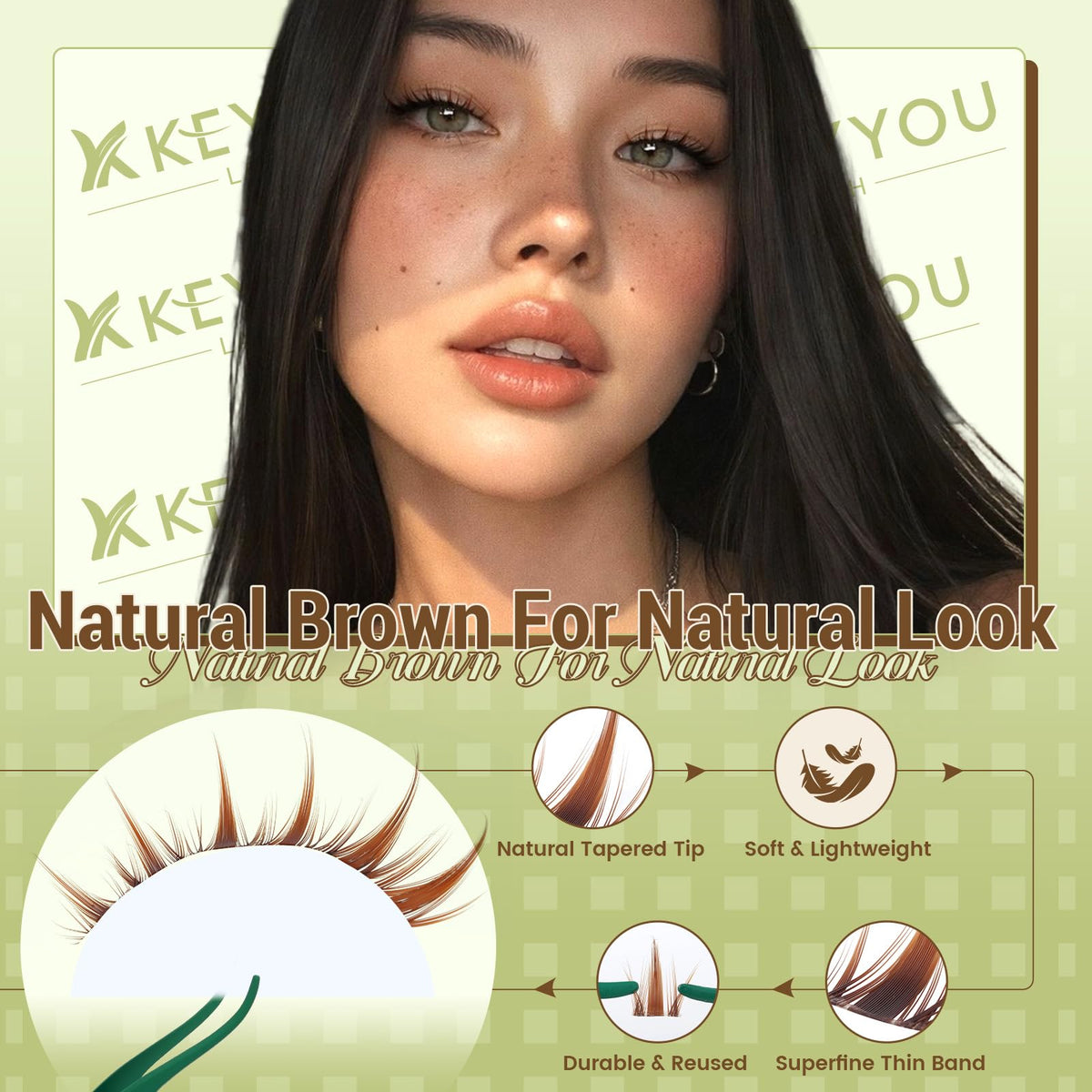 Side view of KEYYOU brown cluster lashes showing clear band