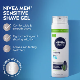 Side view of NIVEA MEN Sensitive Shave Gel can with ingredient list