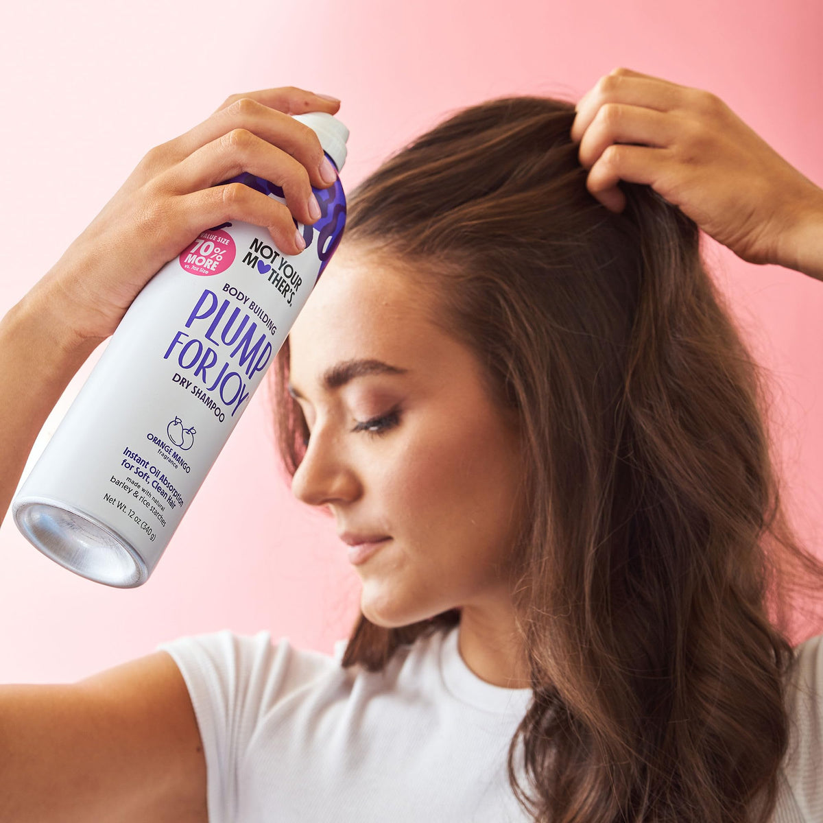 Side view of Not Your Mother's Plump for Joy Jumbo Dry Shampoo