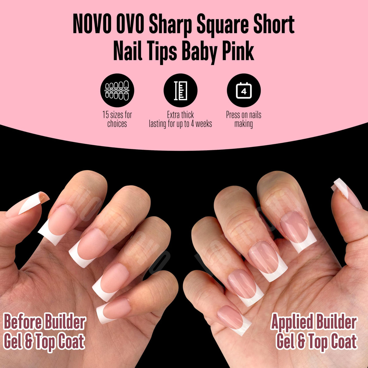 Side view of NOVO OVO Short Sharp Square French Tip Nail Tips