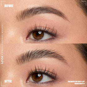 Side view of NYX Brow Glue Crazy Lift clear gel bottle