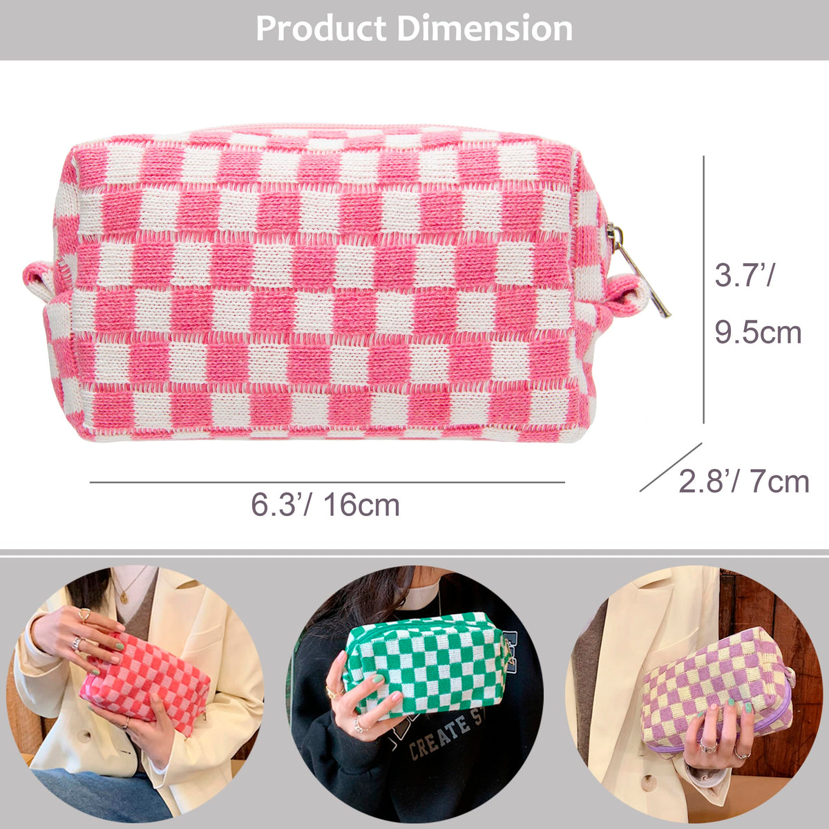 Side view of PAZIMIIK Checkered Makeup Bag with zipper detail