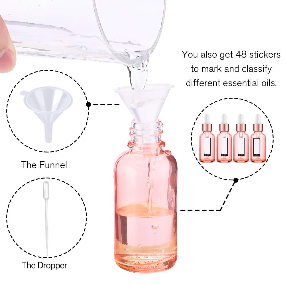 Side view of PrettyCare glass eye dropper bottle showcasing the rose colour