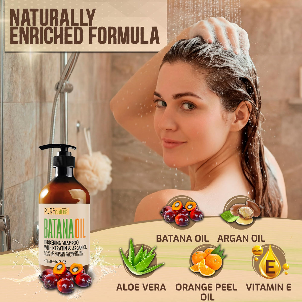 Side view of PURE NATURE LUX SPA Batana Oil Shampoo bottle