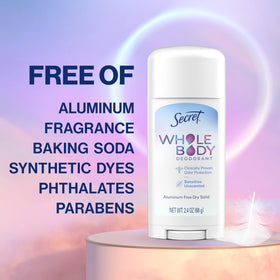 Side view of Secret Whole Body Deodorant Stick with ingredient list