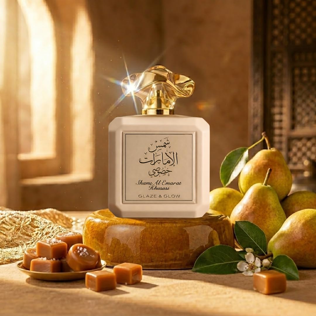 Side view of Shams Al Emarat Khususi Glaze & Glow Eau de Parfum bottle