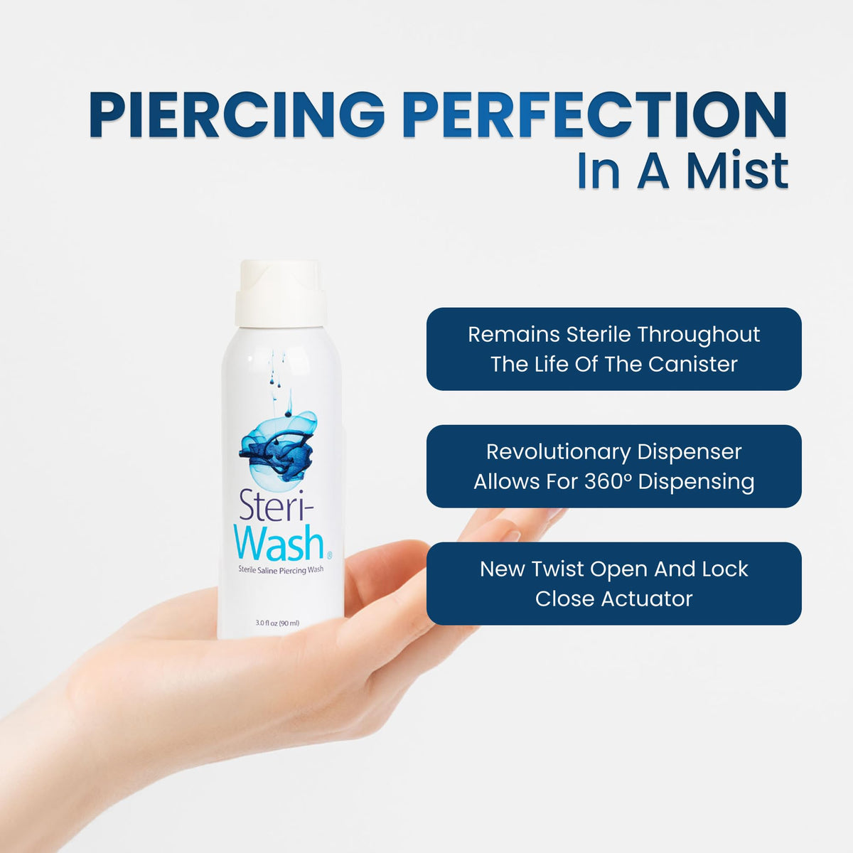 Side view of STERI - WASH Aftercare Piercing Spray bottle