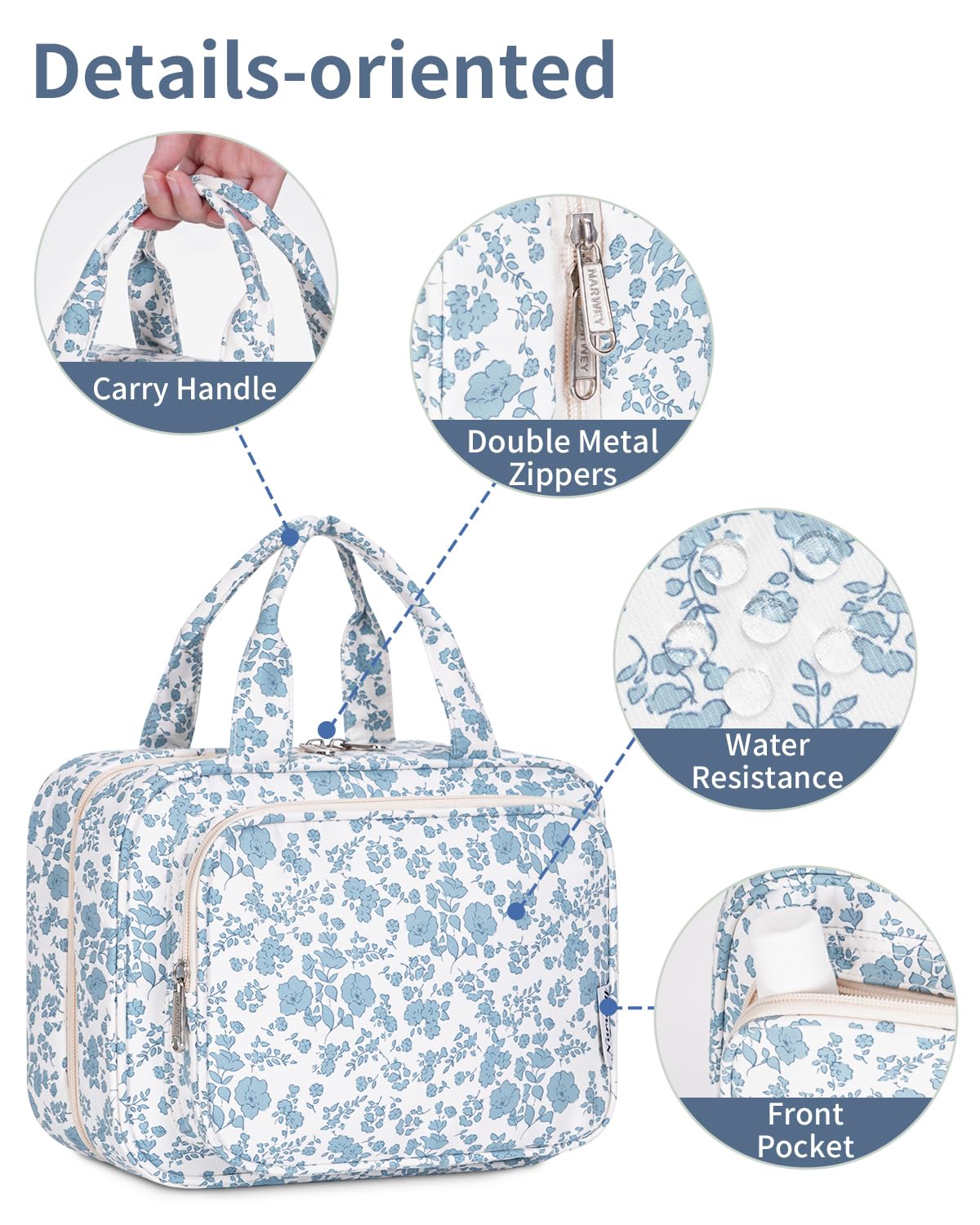 Side view of the Narwey Hanging Floral Toiletry Bag open