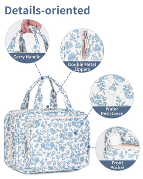 Side view of the Narwey Hanging Floral Toiletry Bag open