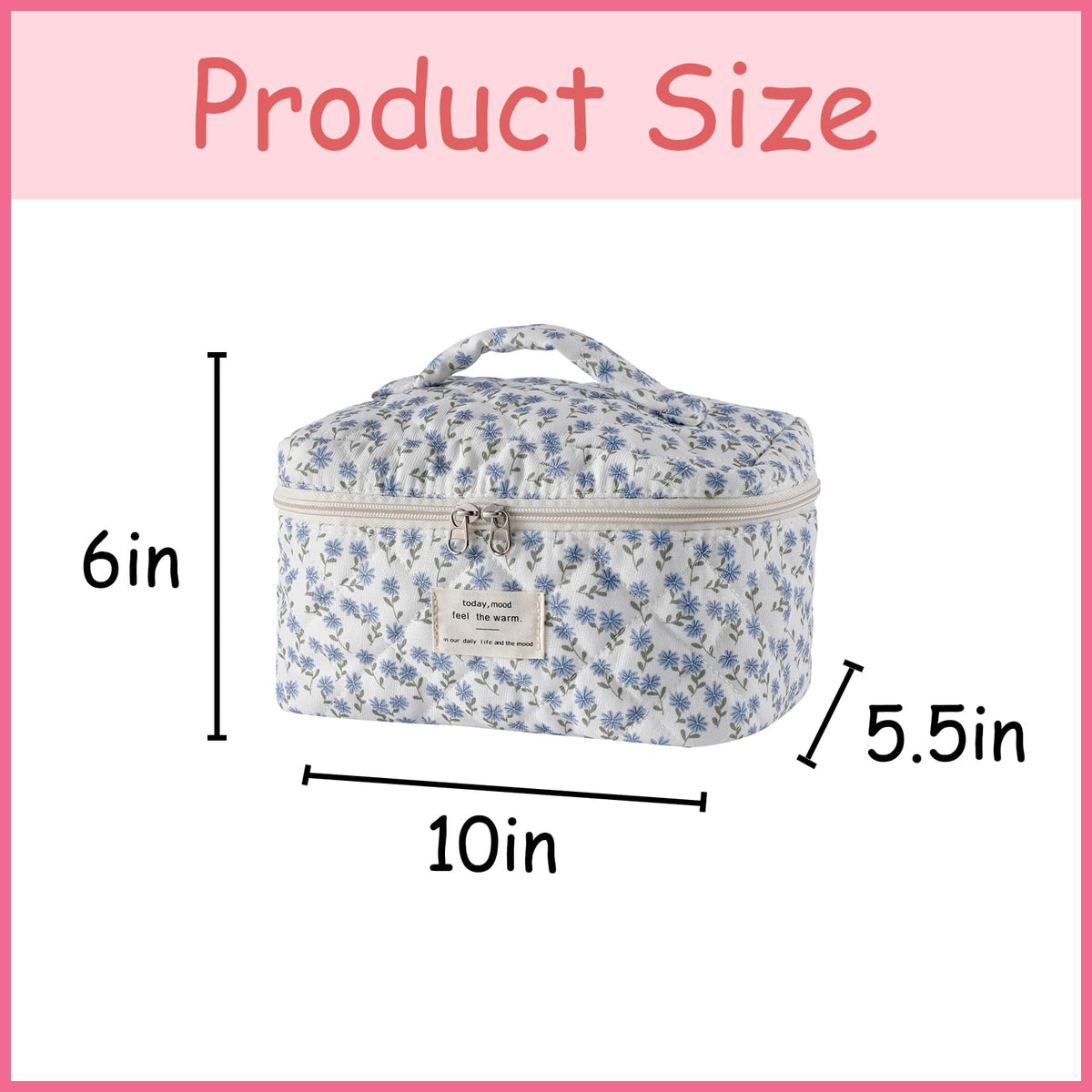 Side view of uekeboag Large Travel Quilted Makeup Bag showing zipper