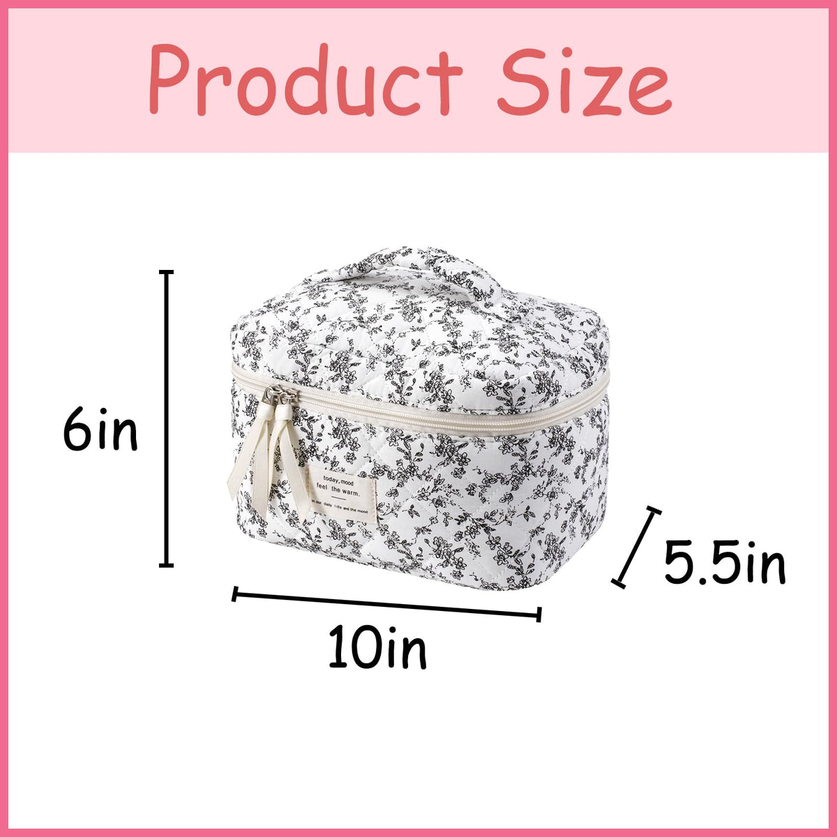Side view of uekeboag Large Travel Quilted Makeup Bag showing zipper