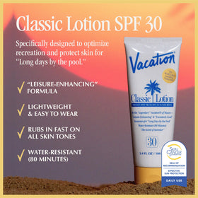 Side view of VACATION Classic SPF 30 Sunscreen Lotion showing texture