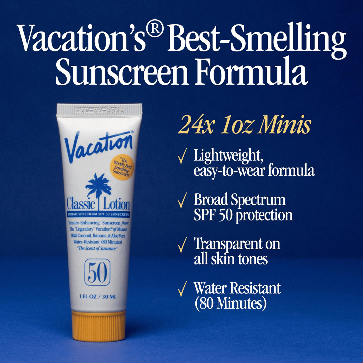 Side view of VACATION Mini Classic SPF 50 Sunscreen Lotion bottle
