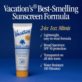 Side view of VACATION Mini Classic SPF 50 Sunscreen Lotion bottle
