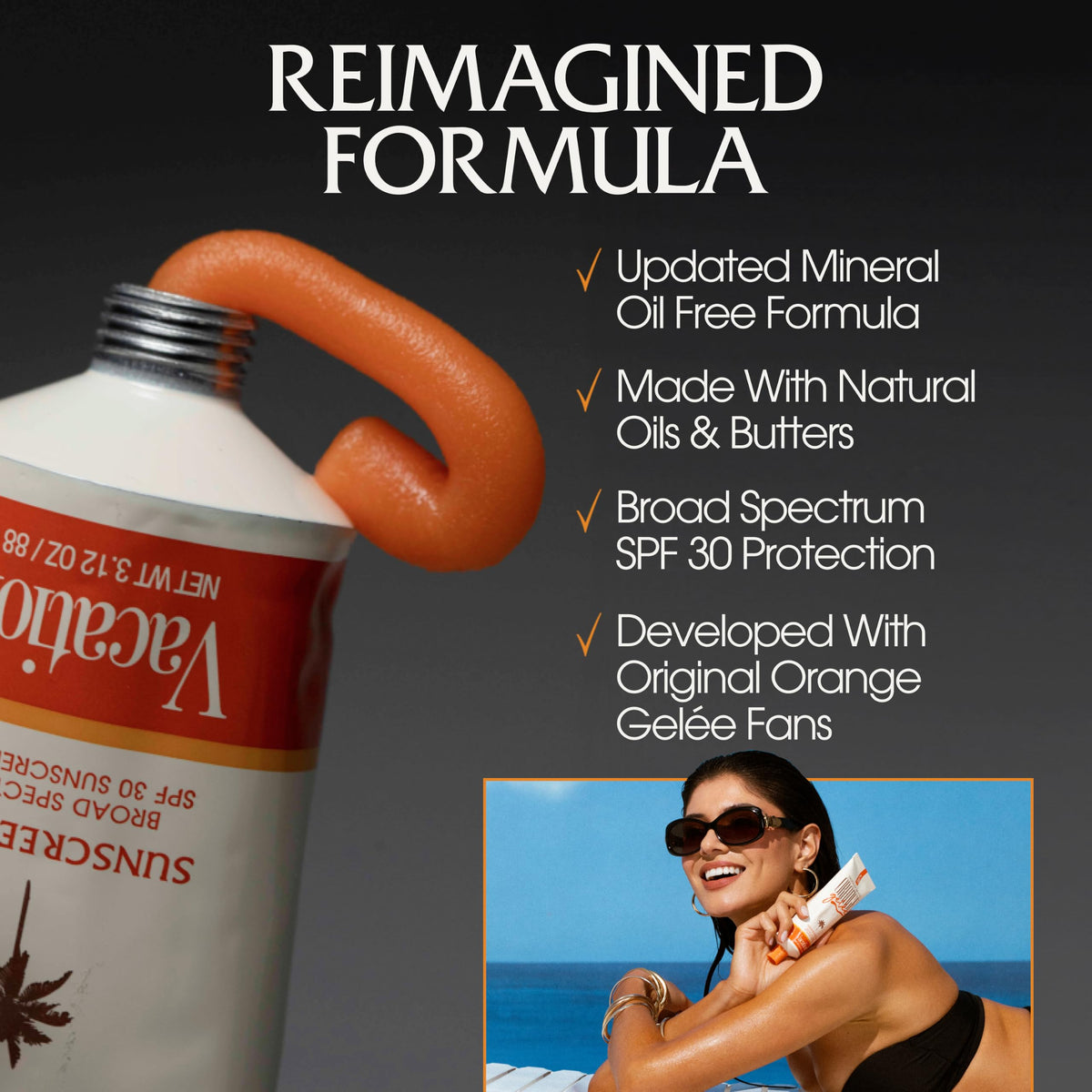 Side view of VACATION Orange Gelée SPF 30 Sunscreen Gel tube